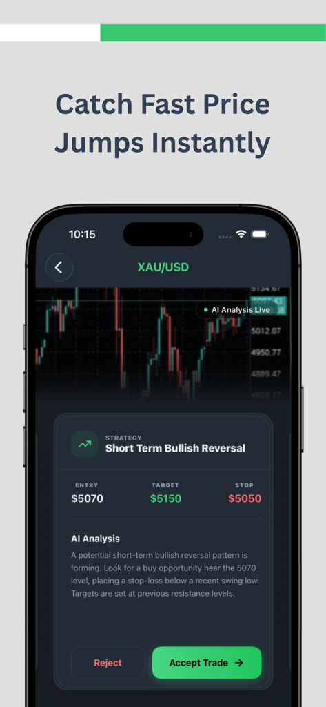 Snap Forex: AI Trade Analyst - Snap Forex app displaying a short term bullish reversal strategy for gold with AI trade analysis and entry prices