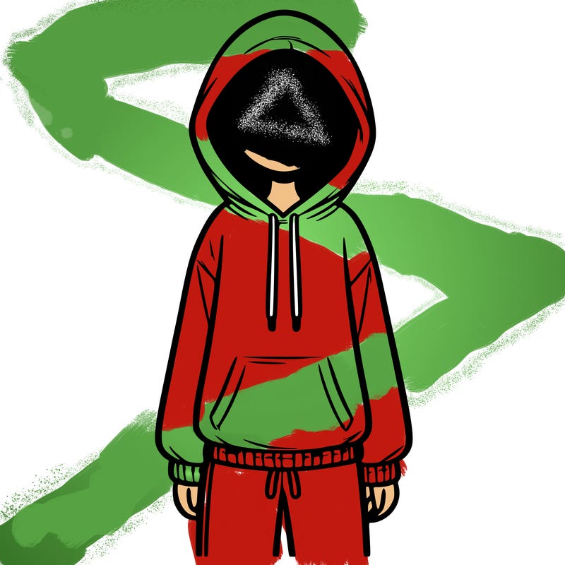 faceless girl in a tracksuit with a hood on and no hair