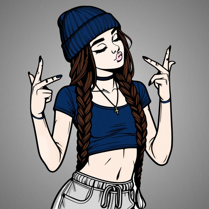 realistic teenage girl with braids and a beanie and crop top doing 🫶🏼