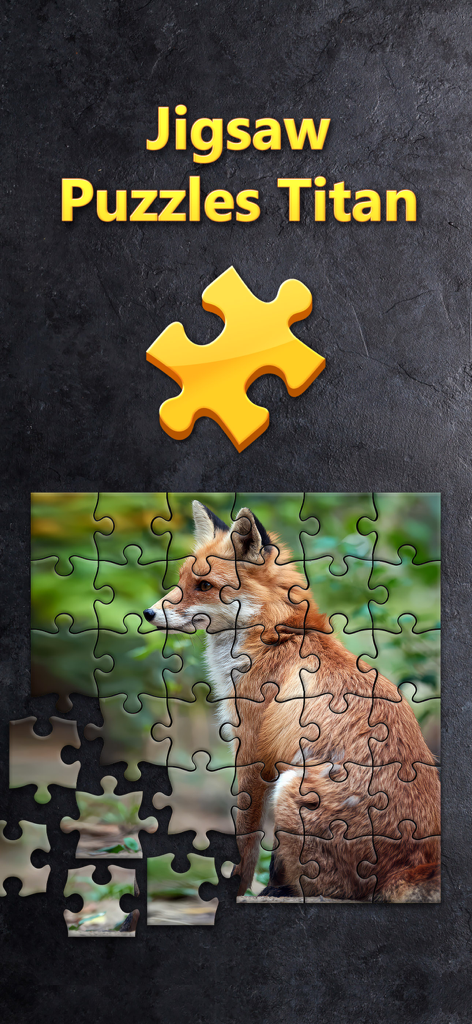 Pantalla de la aplicación Jigsaw Puzzles Titan mostrando un rompecabezas de un zorro rojo siendo ensamblado.