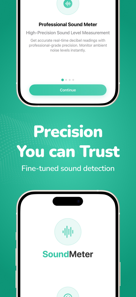 Sound Meter: Noise & dB Meter - Sound Meter app displaying high precision decibel measurement on iPhone screens