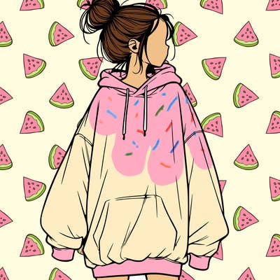 realistic girl with a oversized sweatshirt on and a bun