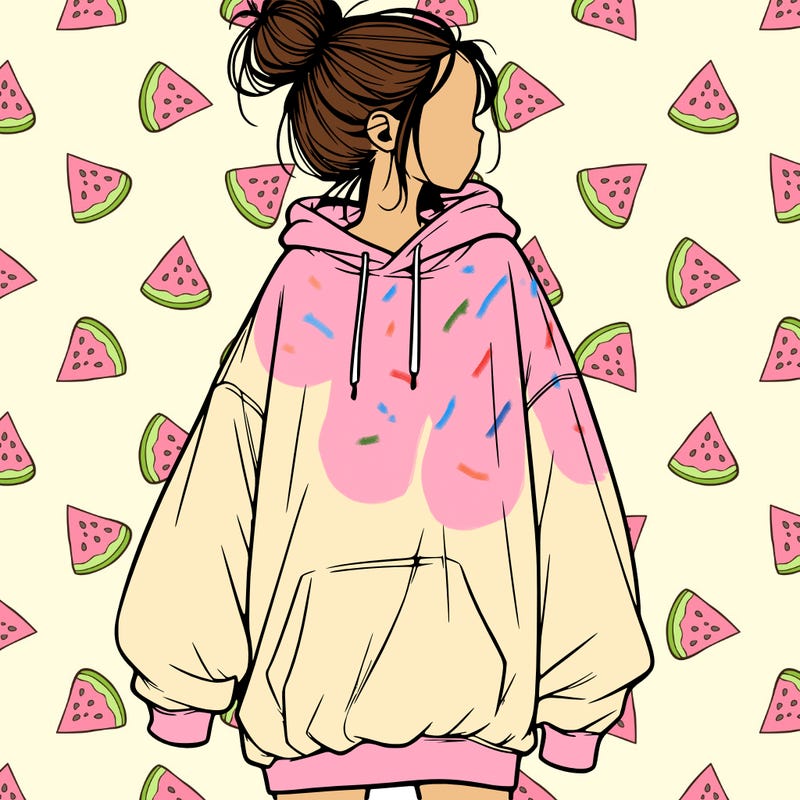 realistic girl with a oversized sweatshirt on and a bun