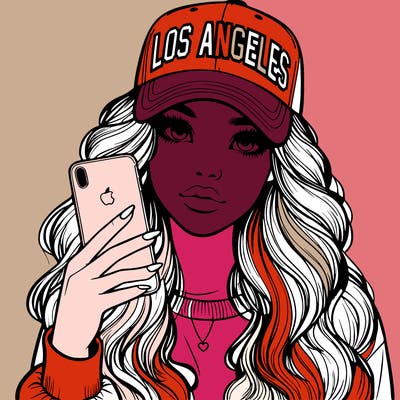 realistic beautiful girl wearing los ángeles cap holding an iphone