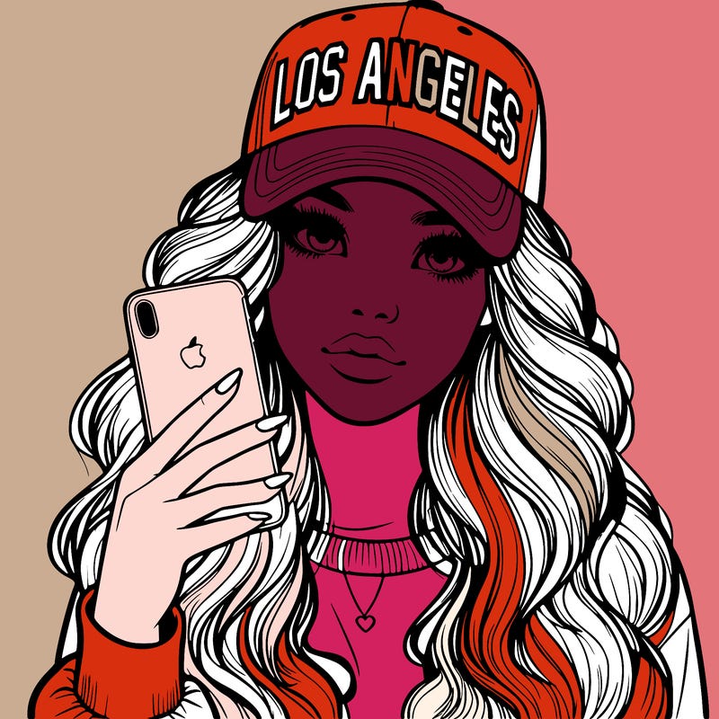 realistic beautiful girl wearing los ángeles cap holding an iphone