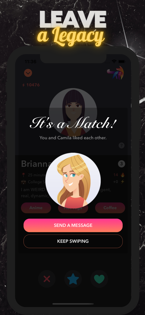 Interface de namoro no jogo para Music Star Life Simulator mostrando uma combinação entre dois personagens para construir um legado familiar.