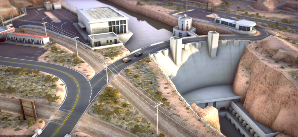 Top Drives - Car Race Battles - Aerial view of a desert racing environment featuring a large dam and technical facilities in the game Top Drives.