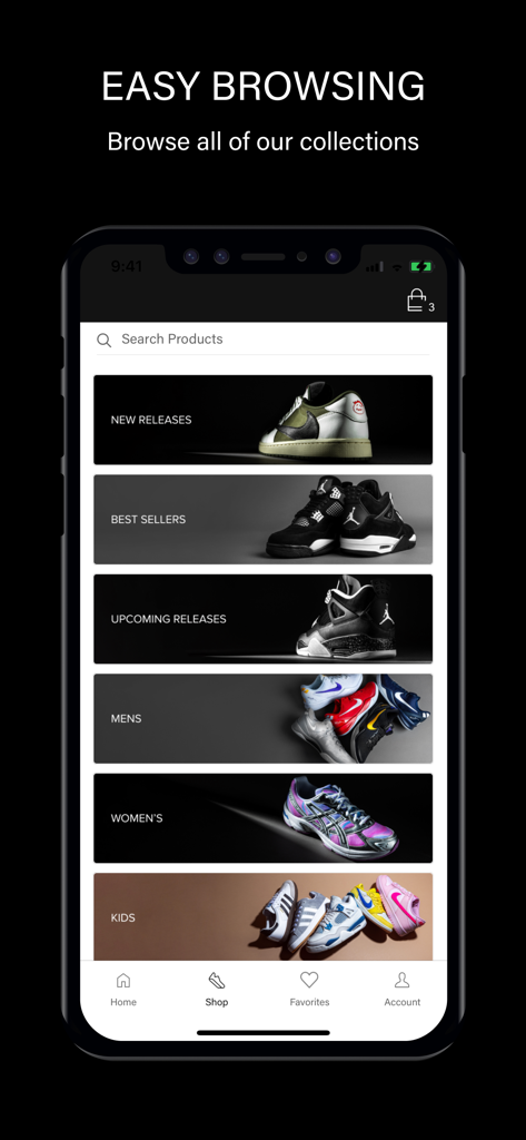 Stadium Goods app screen showing sneaker browsing categories including new releases and best sellers