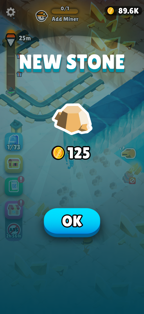 Mine Rush : Digging Adventure - A pop-up screen in Mine Rush showing a newly discovered stone and a gold coin reward