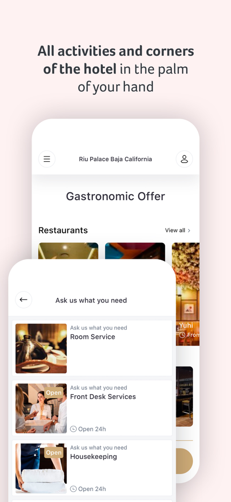 RIU Hotels & Resorts - RIU Hotelsアプリのインターフェース、レストランリストとルームサービスやハウスキーピングなどのゲストサービスが表示されています