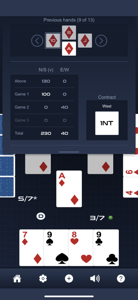 Classic Bridge - Classic Bridge mobile app screenshot showing a gameplay screen with a scoreboard overlay and contract details