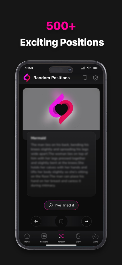 Sex Positions - Kamasutra, 69 - App interface displaying 500 plus exciting sex positions for couples