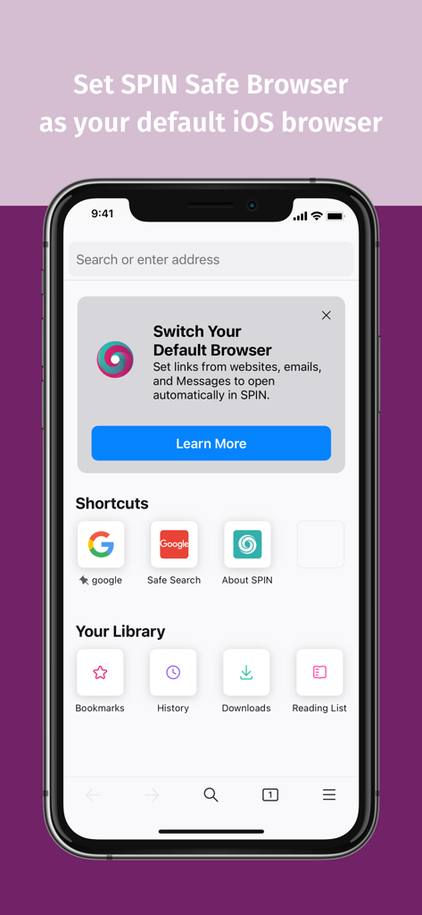Mobile app interface of SPIN Safe Browser on an iPhone showing a prompt to set it as the default system browser for safer internet access