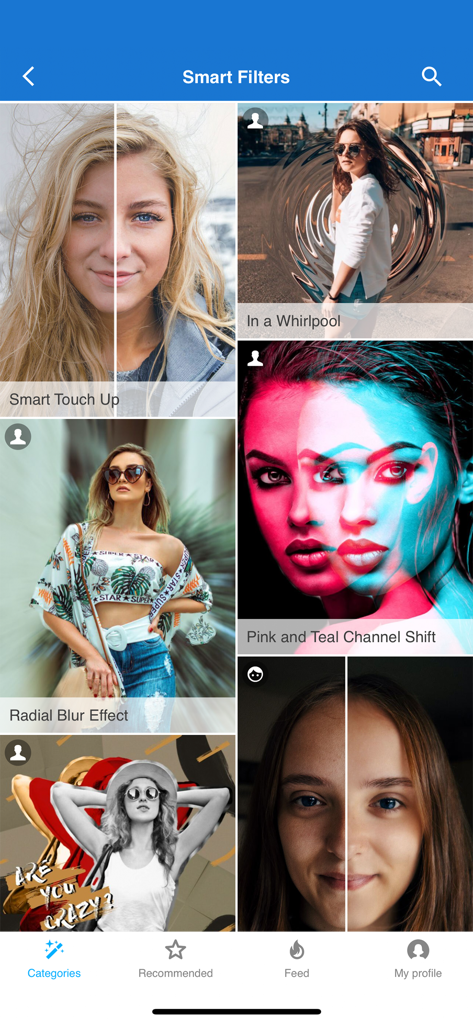 Interface of the Photo Lab PROHD app displaying a grid of smart filters and artistic photo effects