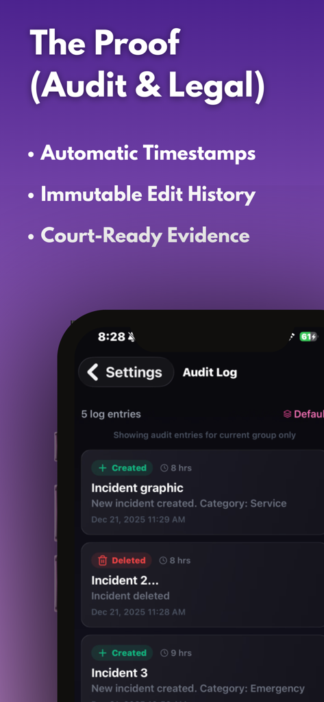 법적 증거를 위해 생성 및 삭제된 사건 기록의 타임스탬프 기록을 보여주는 증거 추적기 감사 로그 화면