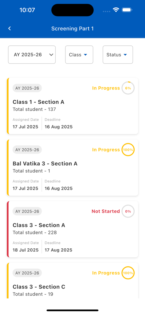 The PRASHAST app interface displaying a list of school classes with their student screening progress and status