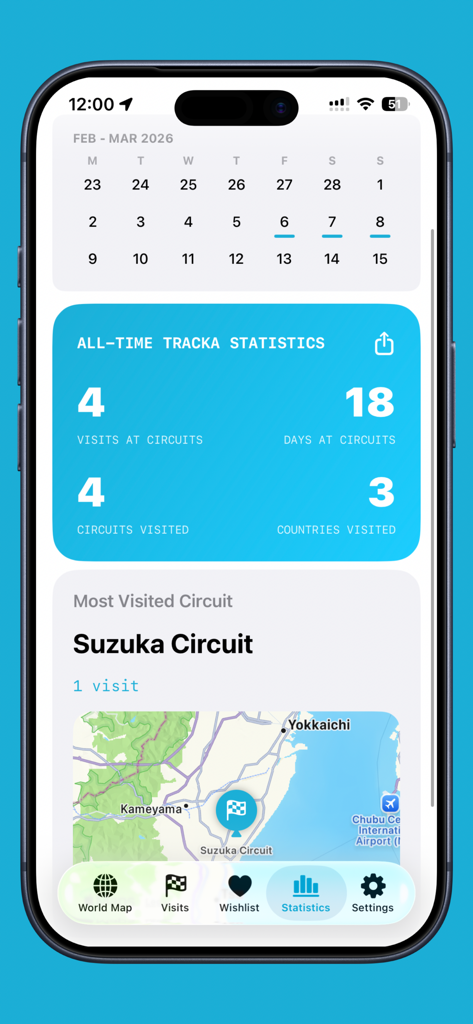 Tracka - Motorsport Visit Log - The statistics screen of the Tracka app showing motorsport circuit visits, days at circuits, and a map of Suzuka Circuit.