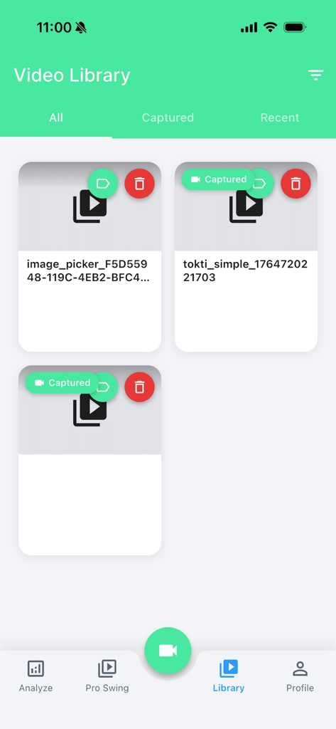 TOKTI - Video Analysis AI - TOKTI app Video Library interface showing captured sports training videos