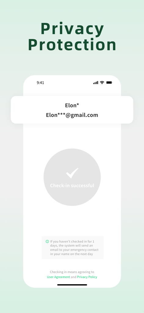 Demumu - Demumu App-Oberfläche, die einen erfolgreichen Check-in und maskierte Notfallkontaktinformationen zum Schutz der Privatsphäre zeigt