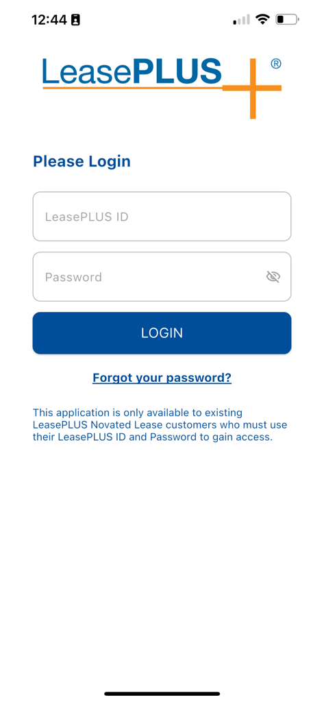 LeasePLUS - IDとパスワードのフィールドがあるLeasePLUS繰越リースアプリのログイン画面