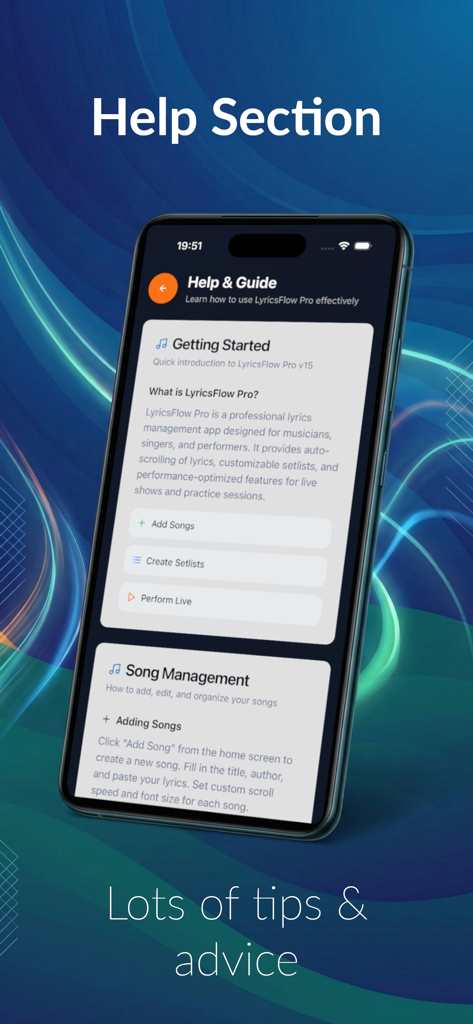 LyricsFlow Pro - Help and Guide screen of LyricsFlow Pro app providing song management tips for musicians