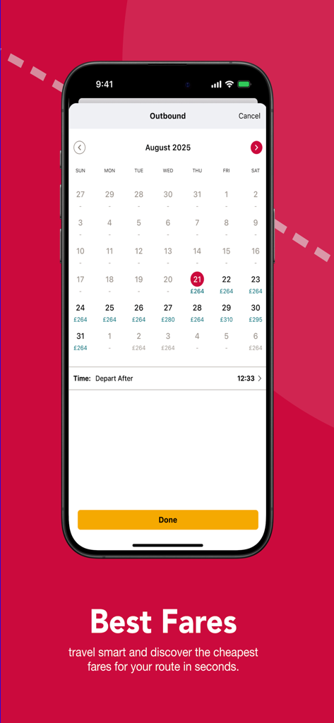 CrossCountry - CrossCountry app calendar view showing ticket prices for different travel dates to help find the best fares
