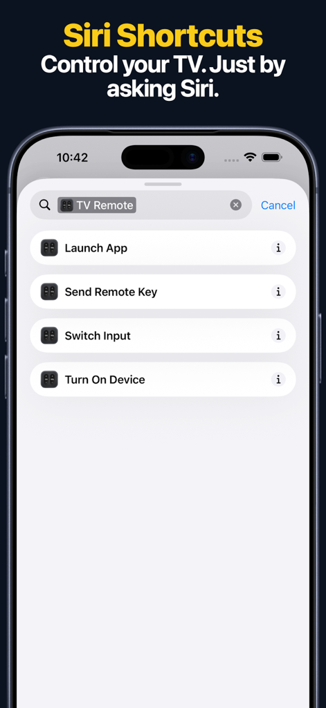 Interface do iPhone mostrando opções de Atalhos da Siri para controlar uma TV por voz