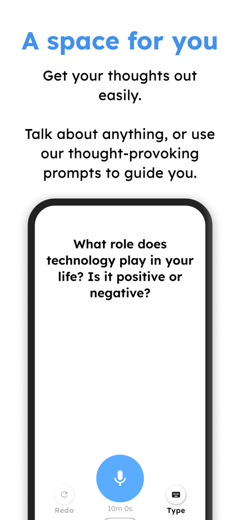 Interface do aplicativo Diário de Áudio mostrando um prompt de autorreflexão e um botão central de gravação de voz.