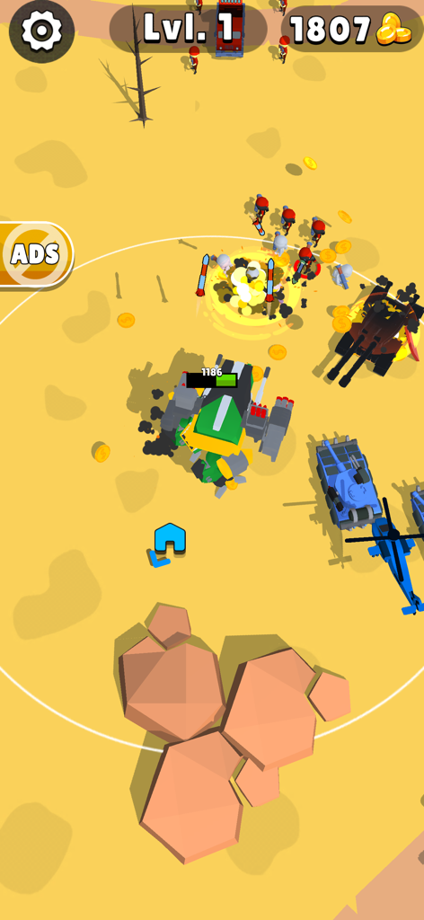 Top down gameplay view of a tank attacking enemy soldiers and vehicles in a desert battlefield with explosions