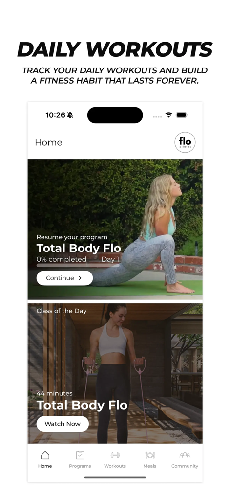 Flo Pilates - Flo Pilatesモバイルアプリのインターフェース、パーソナライズされたワークアウトプログラムと毎日のクラスを表示