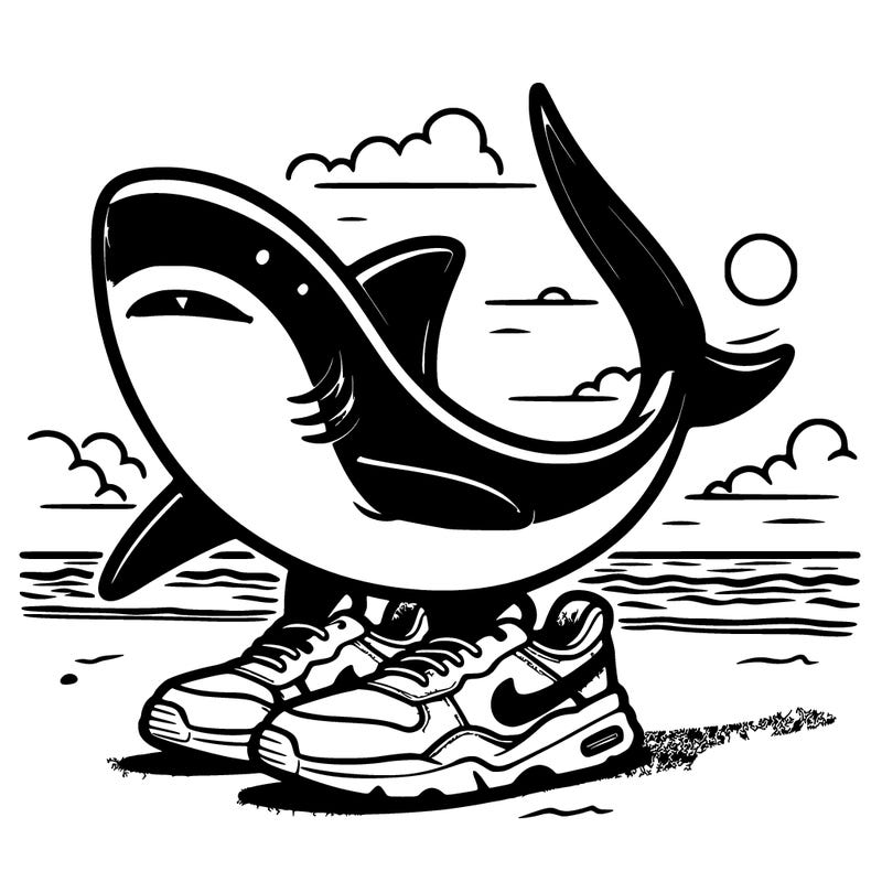 on the beach a shark spins the sand with 3 legs poping out blue and pure blue white belly with nike sneakers