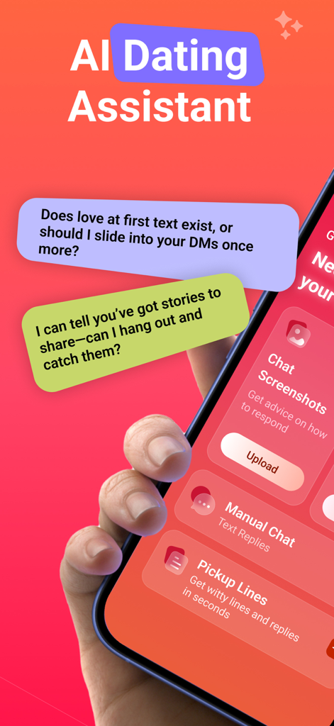 Rizz Me app interface showing AI dating assistant features and pickup line suggestions