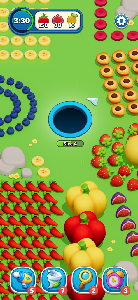 Black hole swallowing fruit and vegetables in Hole Stars game