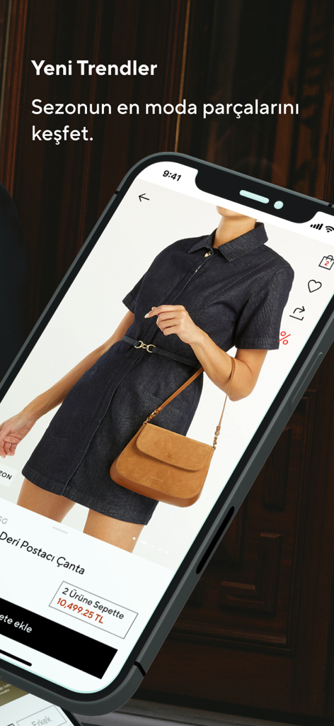 Divarese mobile app interface showing a tan leather messenger bag and new fashion trends.
