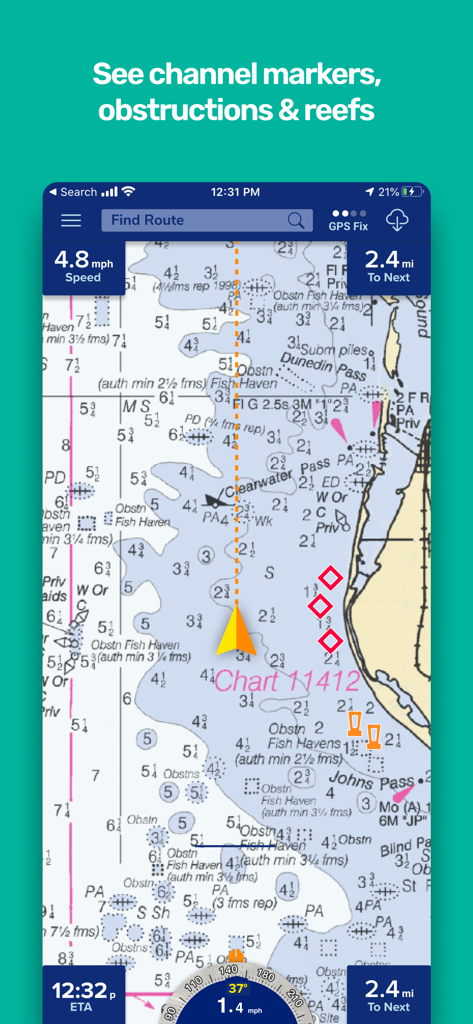 PRO CHARTS - Marine Navigation - 航路標識と沿岸ナビゲーションデータを示す海事チャートインターフェイス。