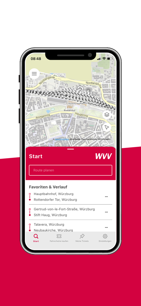WVVmobil - WVVmobil mobile App Hauptbildschirm mit einer Karte von Würzburg und einer Routenplanungs-Oberfläche mit bevorzugten Nahverkehrszielen.