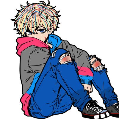 a male hoddie ripped jeans messy hair anime