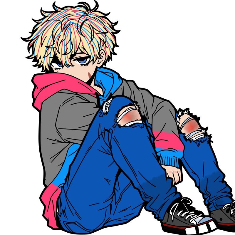 a male hoddie ripped jeans messy hair anime