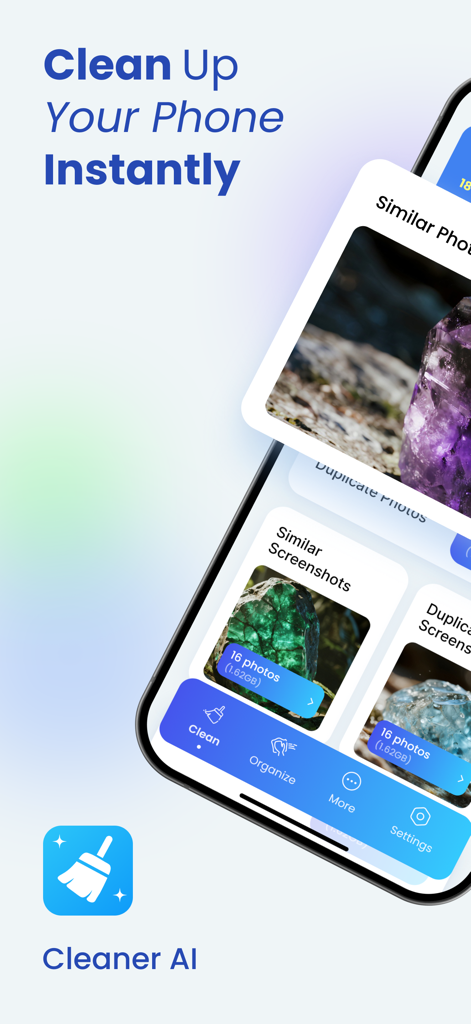Cleaner AI - Free Up Storage - Cleaner AI app screen displaying features to clean up similar photos and screenshots for storage optimization