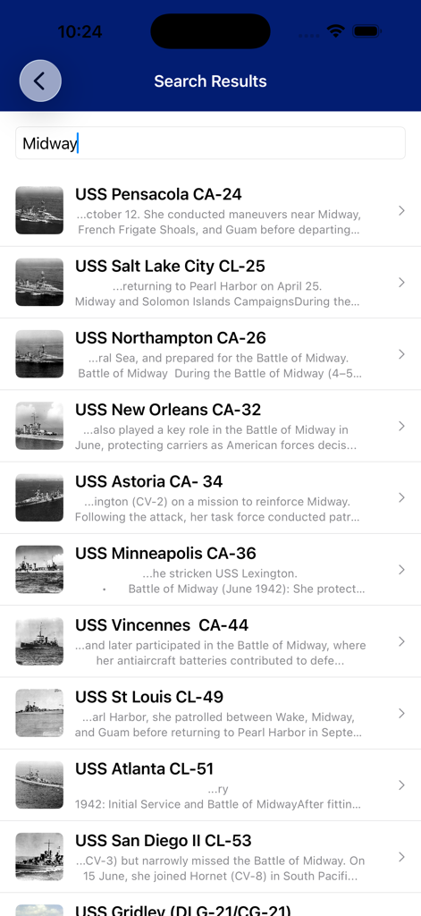 Cruisers of the US Navy - Search results screen for the keyword Midway in the Cruisers of the US Navy app