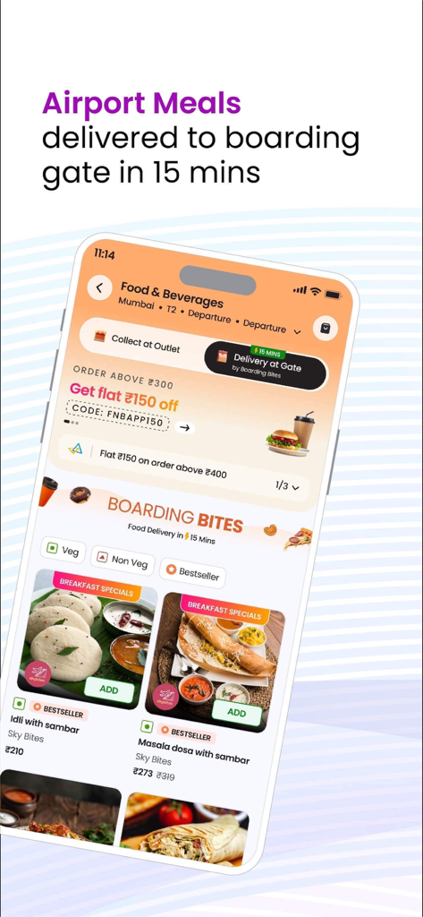 Adani OneApp: For Smart Travel - ゲート配達サービス付きの空港での食事注文用モバイルアプリインターフェース