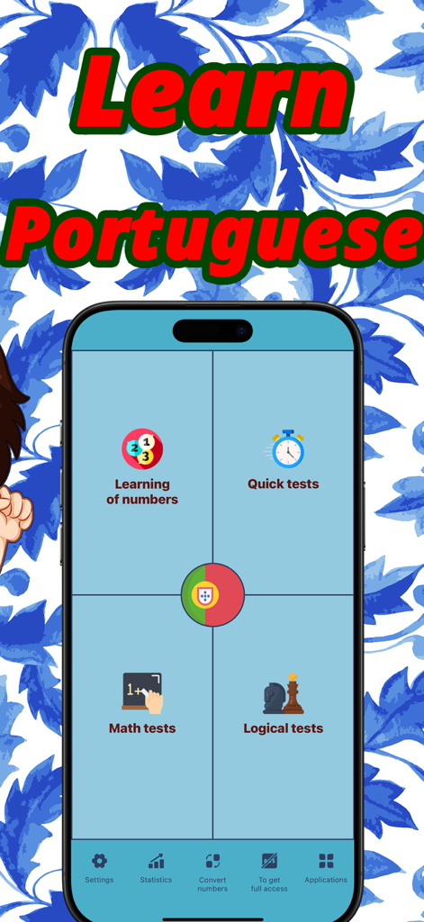数学や論理などのテストカテゴリが表示されているポルトガル語の数字学習アプリのメインメニュー