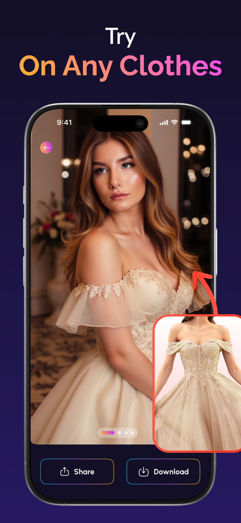 AI Photo - Headshot Generator - Una mujer probándose virtualmente un vestido formal en la app AI Photo