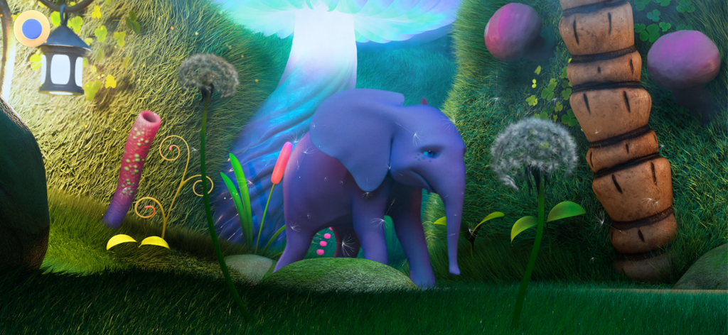 Dinkytoon Interactive Stories - Un elefantito morado caminando por un bosque mágico hecho a mano con hongos brillantes y dientes de león.
