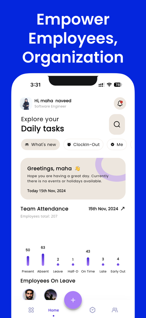 PayPeople Cloud HR System - Dashboard dell'app PayPeople che mostra le statistiche delle presenze del team e le attività dei dipendenti