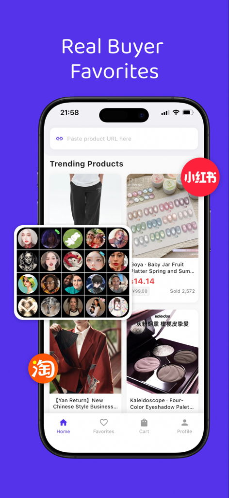 Shopme Agent app home screen displaying trending products and buyer favorites from Chinese marketplaces like Rednote and Taobao.