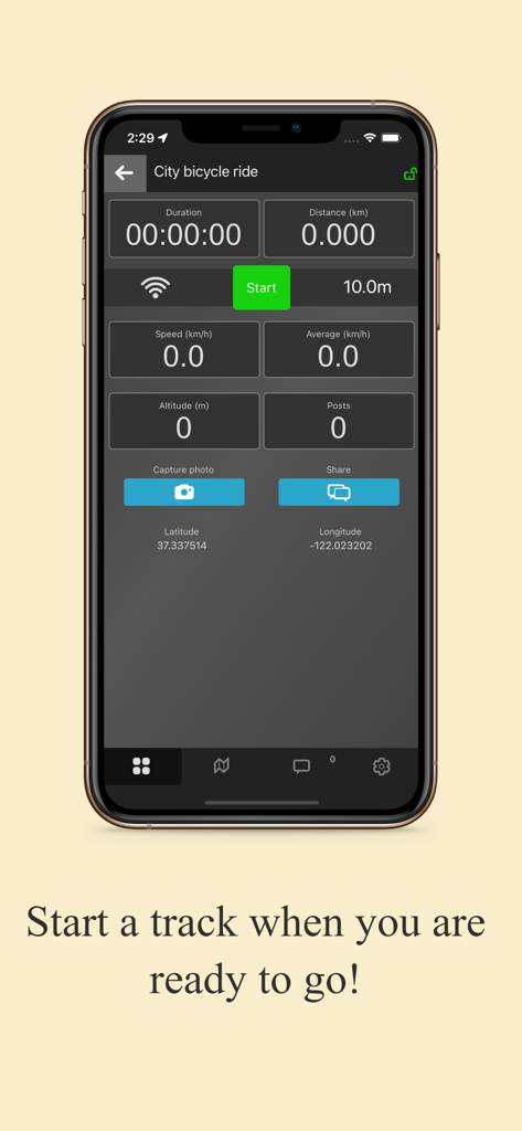 LocaToWeb Realtime GPS tracker - Pantalla de inicio de la aplicación LocaToWeb que muestra métricas de rastreo GPS en tiempo real para un paseo en bicicleta por la ciudad.