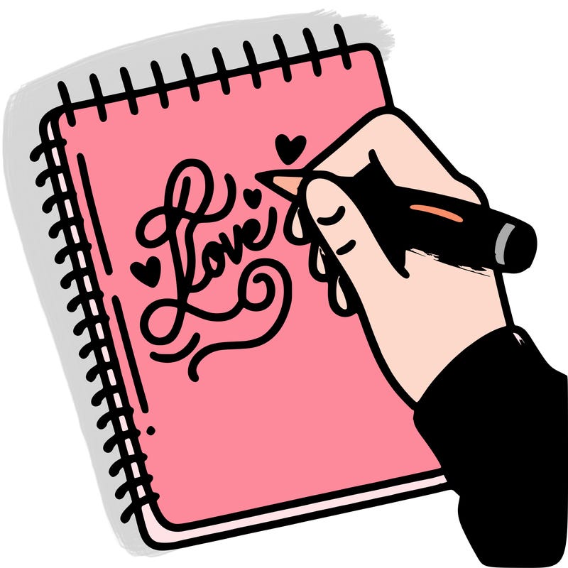 a hand writing “love” in calligraphy on a notebook
