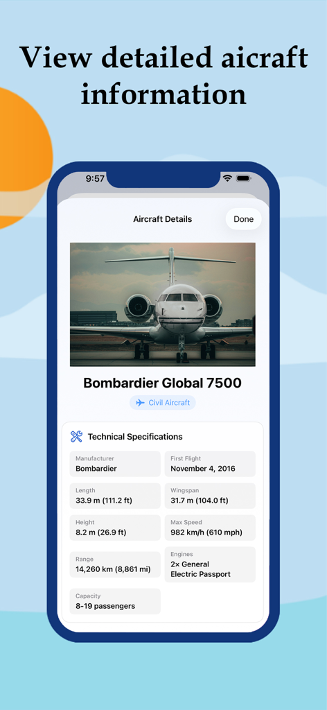 SkySpotter - Mobile screen showing technical specifications for a Bombardier Global 7500 aircraft in the SkySpotter app