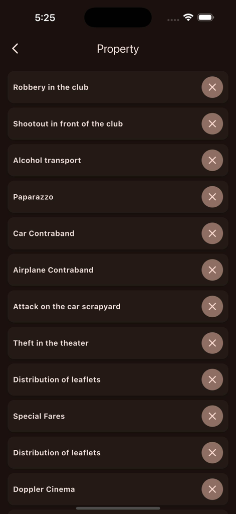 Un'interfaccia dell'app mobile che mostra un elenco di missioni immobiliari per Grand Theft Auto 5, inclusi Rapina in discoteca e Contrabbando di auto